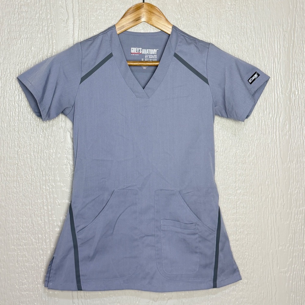 Greys Anatomy Impact by Barco Scrub Top Blue Grey V-Neck XXS 3-Pocket